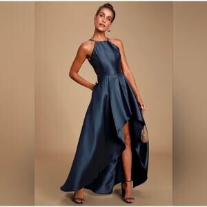 Lulus NWT Broadway Show Navy Blue High-Low Taffeta Pleated Gown Dress Large